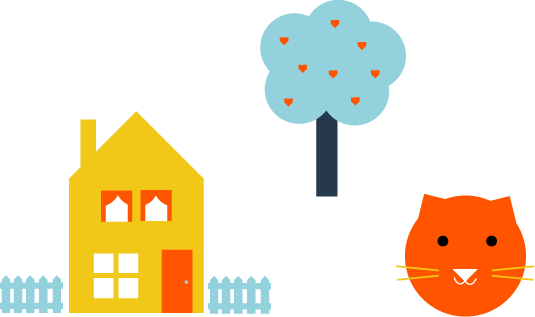 Een eenvoudige illustratie van een geel huis met een houten schutting, een oranje deur en twee ramen. Rechts staat een boom met een blauw bladerdak en oranje stippen. Onder de boom staat het oranje gezicht van een lachende kat met snorharen, symbool voor de warmte van het opbouwen van een duurzame relatie.