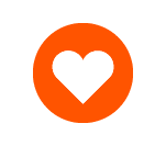 Een oranje cirkel met een wit hartsymbool in het midden, dat duurzame relaties vertegenwoordigt.