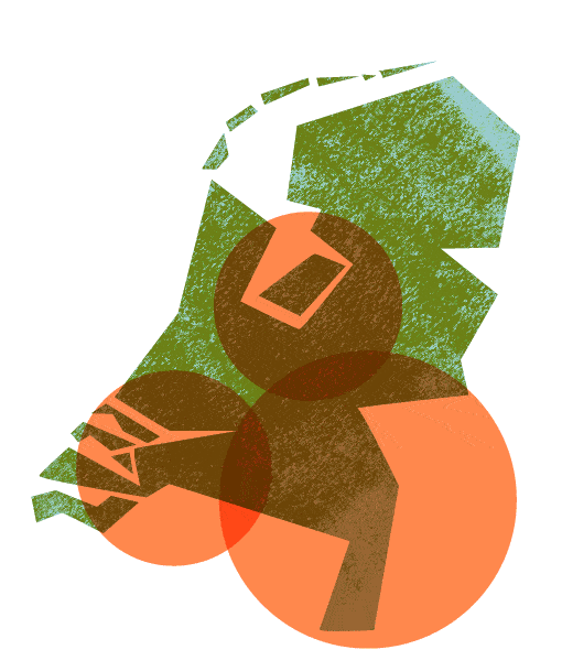 Relatiebureau Venlo 3 Een abstract digitaal kunstwerk met overlappende geometrische vormen in groen, oranje en bruin. De compositie bevat cirkels, een rechthoek en verschillende hoekige vormen met een gestructureerde afwerking op een witte achtergrond. Net als een kunstzinnige vorm van matchmaking creëren de vormen een gelaagd, dynamisch visueel effect.
