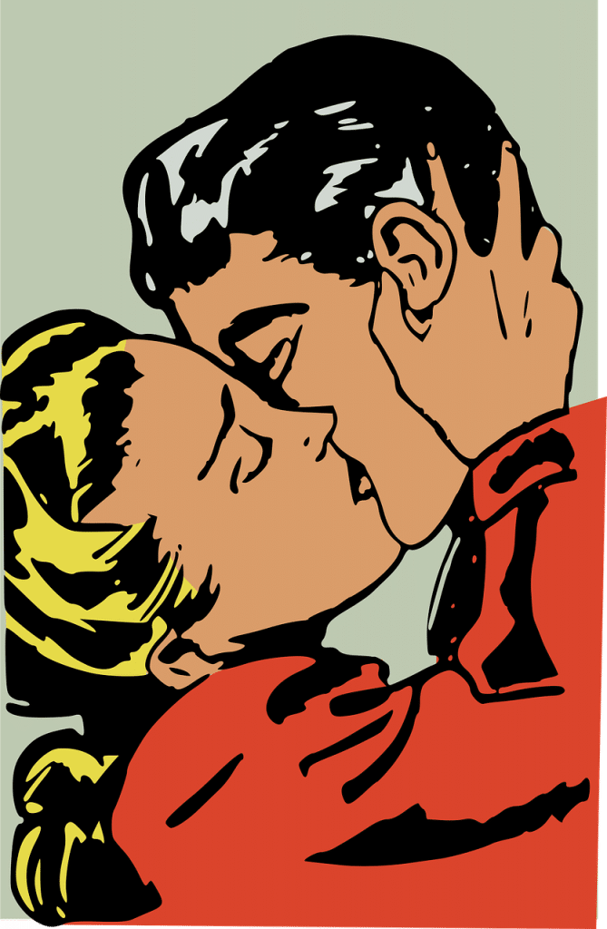 Een illustratie in pop-artstijl toont een close-up van een kussend stel. De man, met donker haar, en de vrouw met blond haar, hebben hun ogen gesloten en lijken elkaar hartstochtelijk te omhelzen tegen een lichtgroene achtergrond. Deze levendige scène zou gemakkelijk het promotiemateriaal voor elke matchmaking-service kunnen sieren.