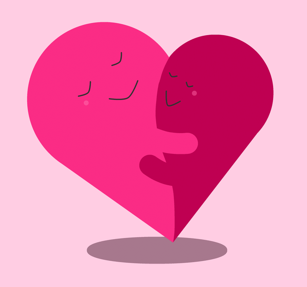 Twee abstracte hartvormen, een roze en een rode, omhelzen elkaar met vredige uitdrukkingen op een effen roze achtergrond. Het roze hart heeft armen om het rode hart gewikkeld en symboliseert liefde en genegenheid, net zoals de verbindingen die een relatiebureau onderhoudt.