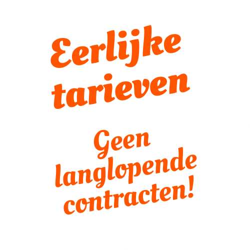 Een witte cirkelvormige afbeelding met oranje tekst in het Nederlands luidt "Eerlijke tarieven" en "Geen langlopende contracten!", wat zich vertaalt naar "Eerlijke tarieven" en "Geen langetermijncontracten!" in het Engels – perfect voor een matchmaking-service die duurzame relaties wil aangaan.