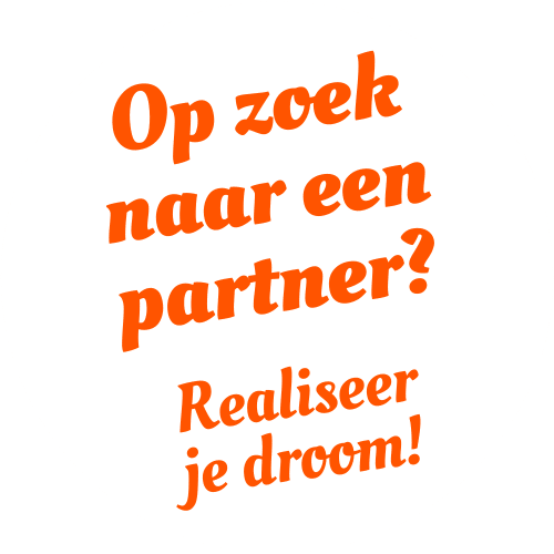 Een witte cirkel met Nederlandse tekst in oranje. De tekst luidt: "Op zoek naar een partner? Realiseer je droom!" wat zich vertaalt naar "Op zoek naar een partner? Realiseer je droom!" Sluit je aan bij ons datingbureau en vind jouw perfecte match.