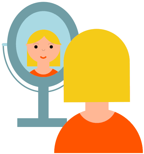 Illustratie van een persoon met blond haar, van achteren gezien, kijkend in een ronde spiegel. De spiegel weerspiegelt hun gezicht en toont een glimlachende uitdrukking. De persoon draagt een oranje shirt, wellicht klaar voor een afspraak geregeld via een relatiebureau.