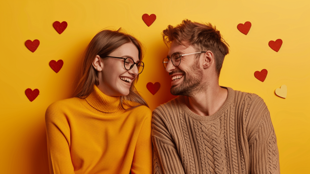 Een glimlachend stel, beiden met een bril, zit tegen een levendige gele achtergrond versierd met rode hartversieringen. De vrouw draagt een mosterdgele coltrui en de man draagt een beige gebreide kabeltrui. Ze kijken elkaar blij aan en belichamen de essentie van een duurzame relatie.