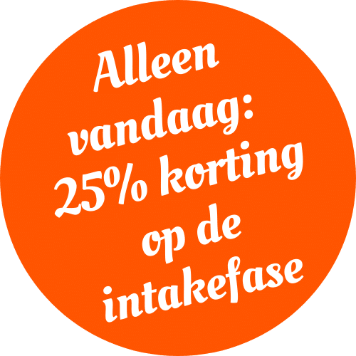 Oranje cirkelvormige badge met witte tekst: "Alleen vandaag: 25% korting op de intakefase," met de nadruk op een speciale korting van 25% op de intakefase die alleen vandaag geldig is.