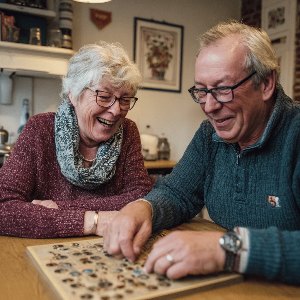 Onzeker in een relatie 2 Een oudere vrouw en man zitten aan een tafel en lachen samen terwijl ze werken aan een verzameling kleurrijke knopen. Ze laten zien hoe vreugde kan opbloeien, zelfs als je je onzeker voelt in een relatie, in een gezellige, warm verlichte kamer.