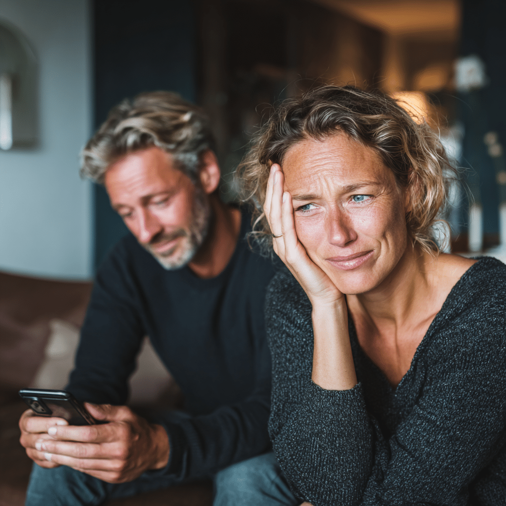 Onzeker in een relatie 1 Een vrouw kijkt bedroefd en laat haar hoofd op haar hand rusten, terwijl een man naast haar bezorgd zijn telefoon controleert. Ze zitten samen op een bank in een schemerig verlichte kamer en weerspiegelen een onzekere relatie en emotionele afstand.