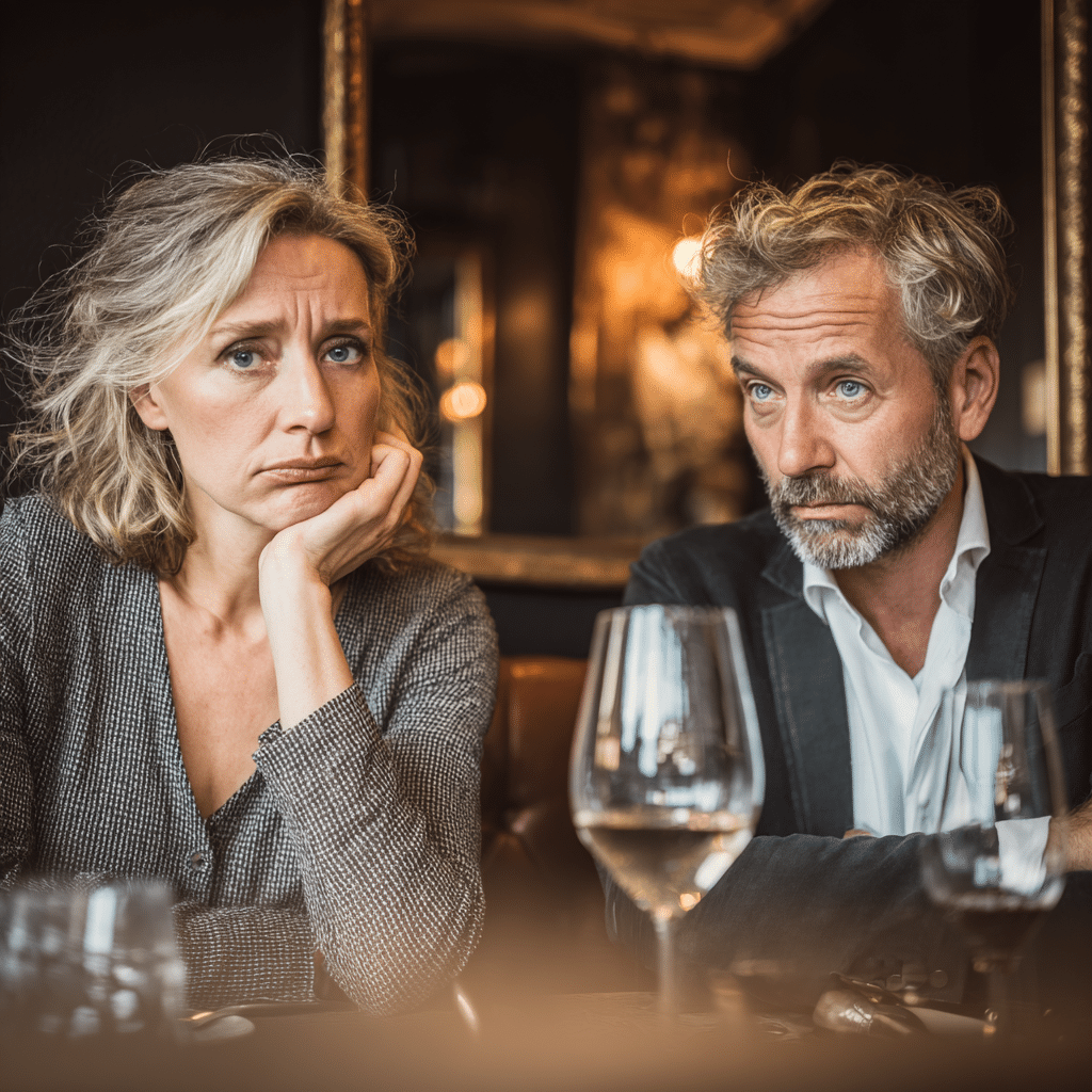 Een vrouw en man van middelbare leeftijd zitten aan een restauranttafel, beiden kijken bezorgd en ernstig, alsof ze een voorbeeldbericht aan het samenstellen zijn. De vrouw laat haar kin op haar hand rusten; lege wijnglazen staan tussen hen in de schemerige, reflecterende sfeer.