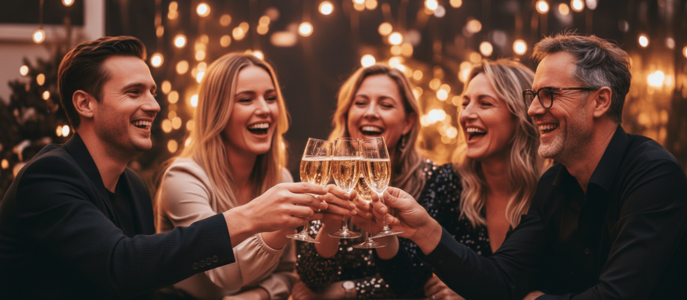 Single Activiteiten 7 Vijf mensen, drie vrouwen en twee mannen, glimlachen en klinken champagne op een avondfeest in Nieuwjaarsborrel, met warme lichtjes op de achtergrond.