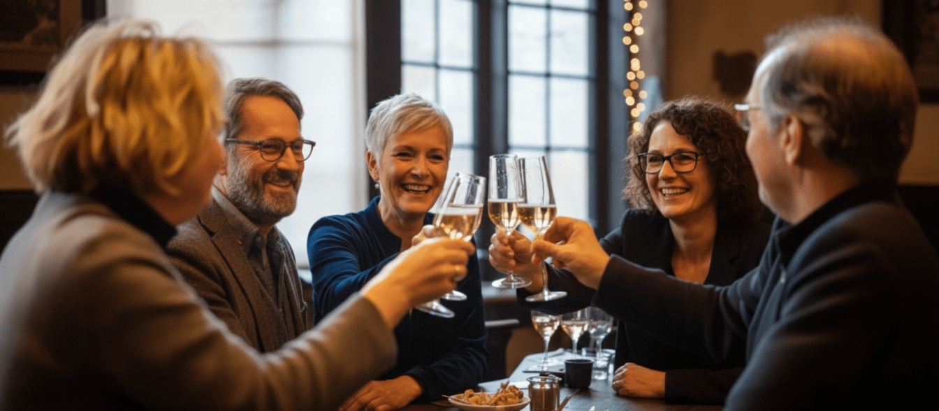 Single Activiteiten 8 Vijf volwassenen zitten rond een tafel in een gezellige, warm verlichte kamer, glimlachen en klinken met glazen witte wijn in een feestelijke nieuwjaarsborrel.