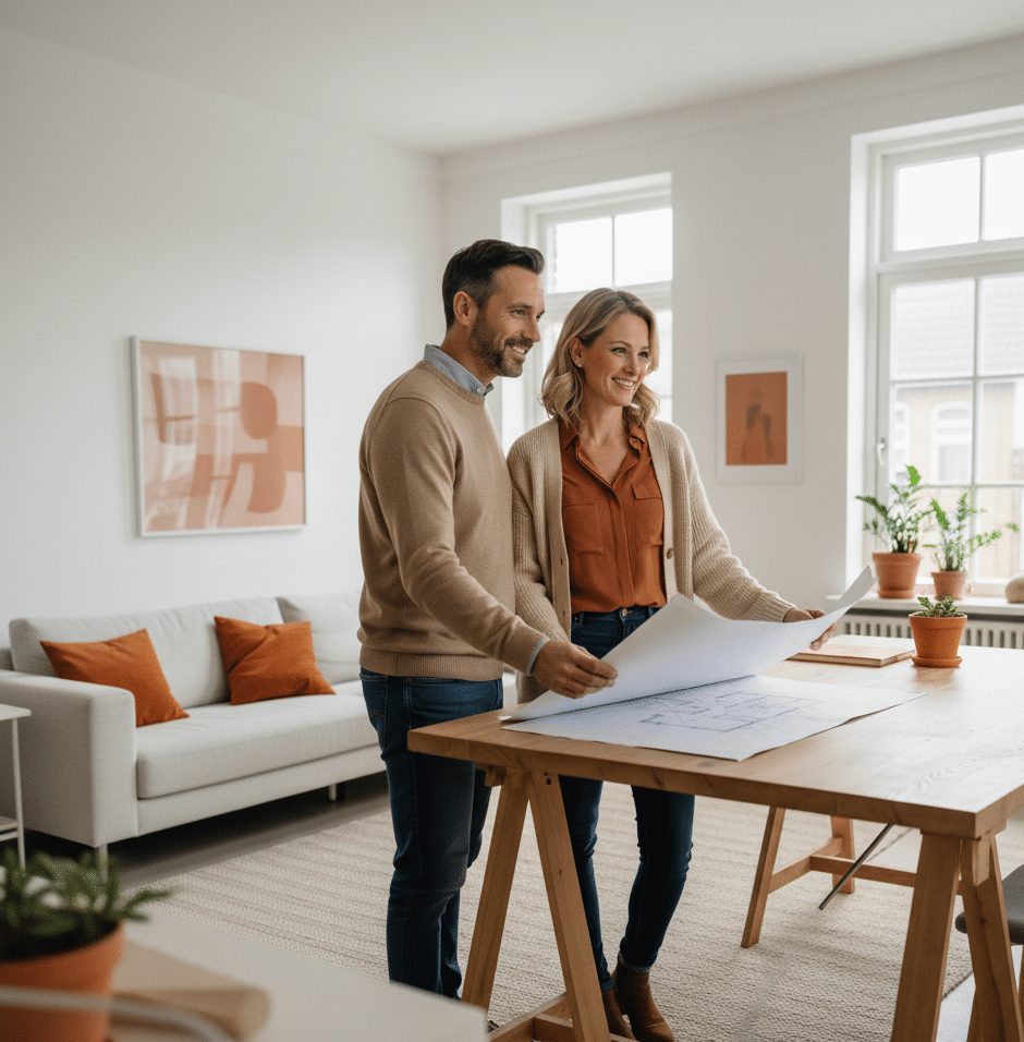 Een glimlachend stel staat in een lichte, moderne woonkamer en bekijkt architectonische plannen op een houten tafel nadat ze hun Slagingskanstest hebben gehaald. In de kamer staan planten, abstracte kunst en kussens met oranje accenten.