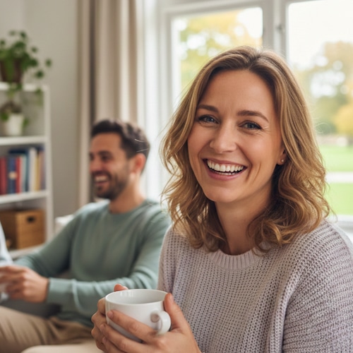 Een vrouw glimlacht terwijl ze een mok vasthoudt, zittend binnen bij een raam. Een man, ook glimlachend, zit op de achtergrond. De gezellige omgeving met natuurlijk licht, boekenplanken en planten nodigt je uit om je in te schrijven voor ons aanbod.