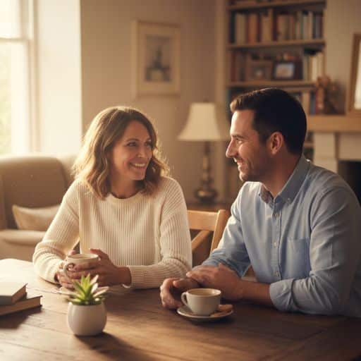 Een vrouw en een man zitten aan een houten tafel in een gezellige woonkamer, glimlachen en praten over koffie. Omringd door boeken, een potplant en zachte verlichting bespreken ze het aanbod terwijl ze genieten van de uitnodigende sfeer.