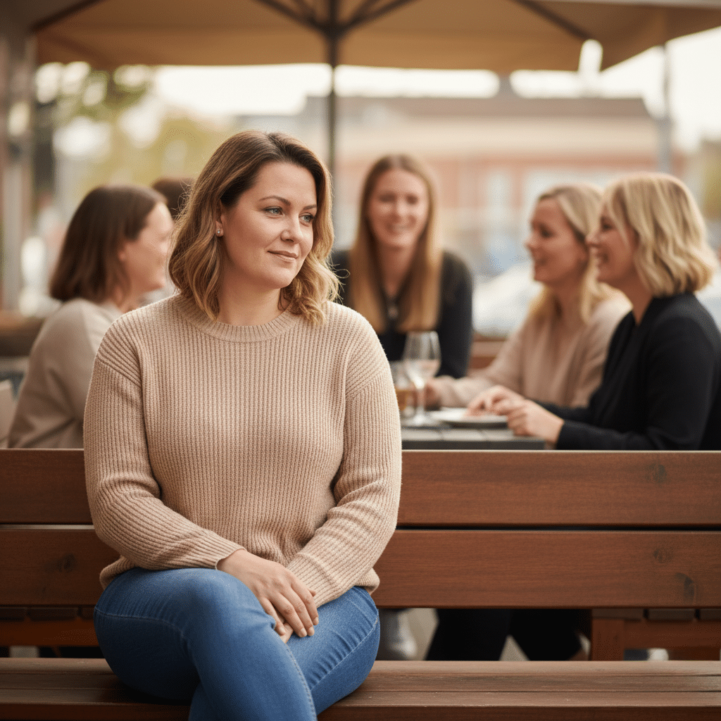 Een vrouw in een beige trui zit alleen op een bankje en kijkt nadenkend, terwijl een groep van vier vrouwen praat en lacht aan een tafel achter haar op een terras tijdens het Slagingskanstest.